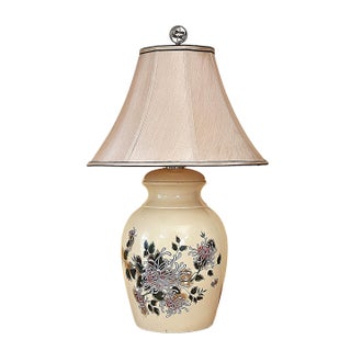 Vintage American Hand-Painted Ceramic Chrysanthemum Table Lamp With Floral Motif, Cream Glazed Porcelain, 28"h For Sale