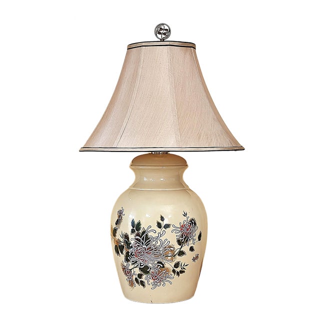 Vintage American Hand-Painted Ceramic Chrysanthemum Table Lamp With Floral Motif, Cream Glazed Porcelain, 28"h For Sale