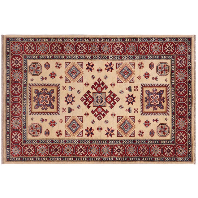 Beige Tribal Kazak Gold/Red Wool Rug - 3'3''x4'9'' For Sale - Image 8 of 10