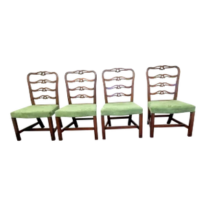 19th C. Georgian Set of 4 Pierced Ladder Back and Suede Leather Upholstered Dining Chairs