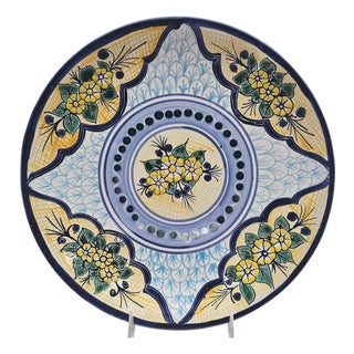 Hand-Painted Floral Mexican Talavera-Style Plate in Yellow & Blue, 11.25" For Sale