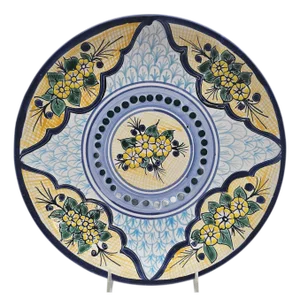 Hand-Painted Floral Mexican Talavera-Style Plate in Yellow & Blue, 11.25"