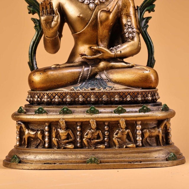 Metal Vintage Gilt Bronze Seated Buddha Statue With Polychrome Accents and Figural Base For Sale - Image 7 of 9