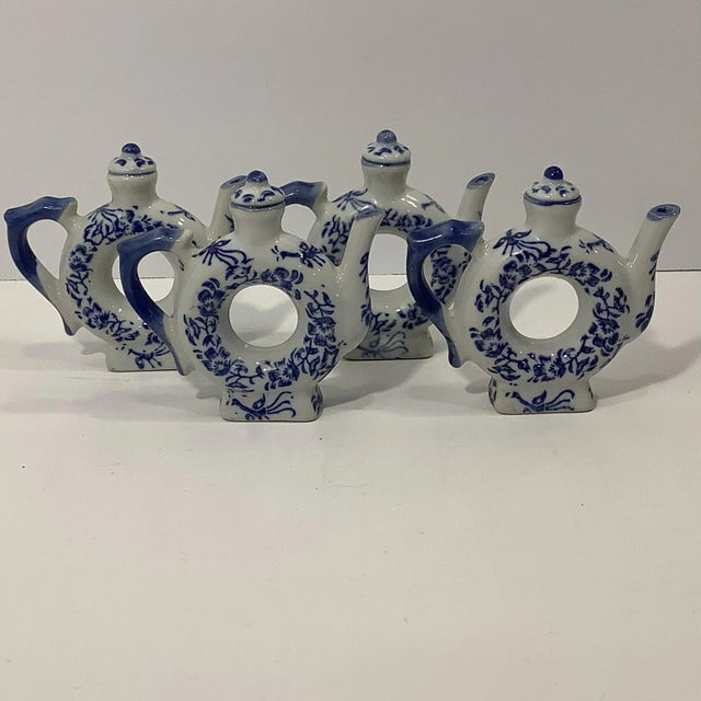 Chinoiserie 1950s Chinoiserie Blue & White Ceramic Tea Pot a Napkin Rings - Set of 4. For Sale - Image 3 of 8