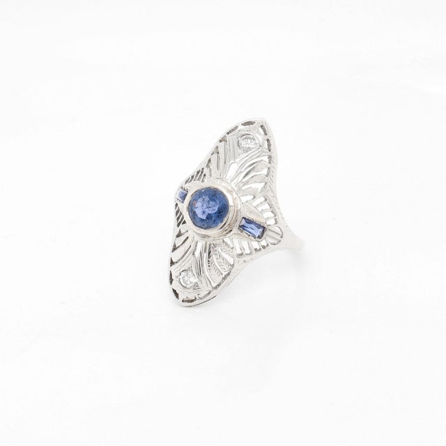 18k White Gold, Sapphire, and Diamond Art Deco Style Filigree Cocktail Ring For Sale - Image 4 of 11