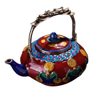 Vintage Ming Cloisonne Enamel Teapot – Red Ground Gilt Bat & Coin Motif For Sale