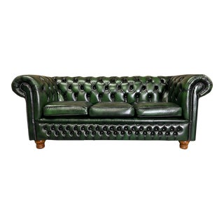 Vintage Mid-Century English Leather Button Tufted Chesterfield 3 Seat Sofa, Green For Sale