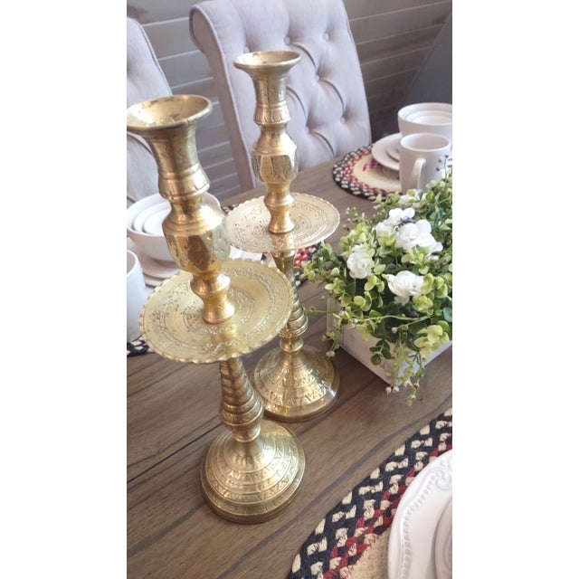 Vintage 14" Brass Moroccan Candle Sticks. Set of 2 For Sale - Image 11 of 11