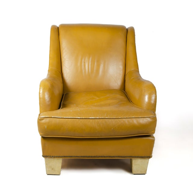 1940s Pair of 1940s Mid-Century Modern Leather Club Chairs With Parchment Paper-Covered Wood Legs, France For Sale - Image 5 of 9