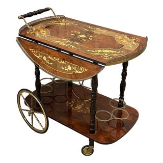 Italian Floral Marquetry Drop Leaf Bar Cart For Sale