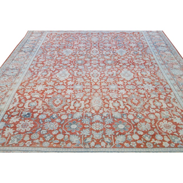 Traditional Antique Mahal Handmade Floral Motif Red Wool Rug For Sale - Image 3 of 10