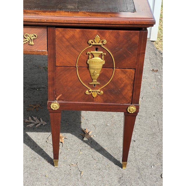 French Neoclassical Mahogany Leather Top Desk With Ormolu Urn Mounts & Pull-Out Slides For Sale In Chicago - Image 6 of 12