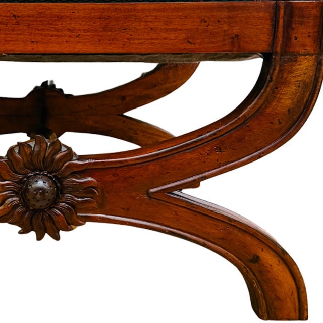 Early 20th Century X-Frame English Regency Upholstered Ottomans With Carved Rosettes and Nailhead Trim - A Pair For Sale - Image 12 of 17