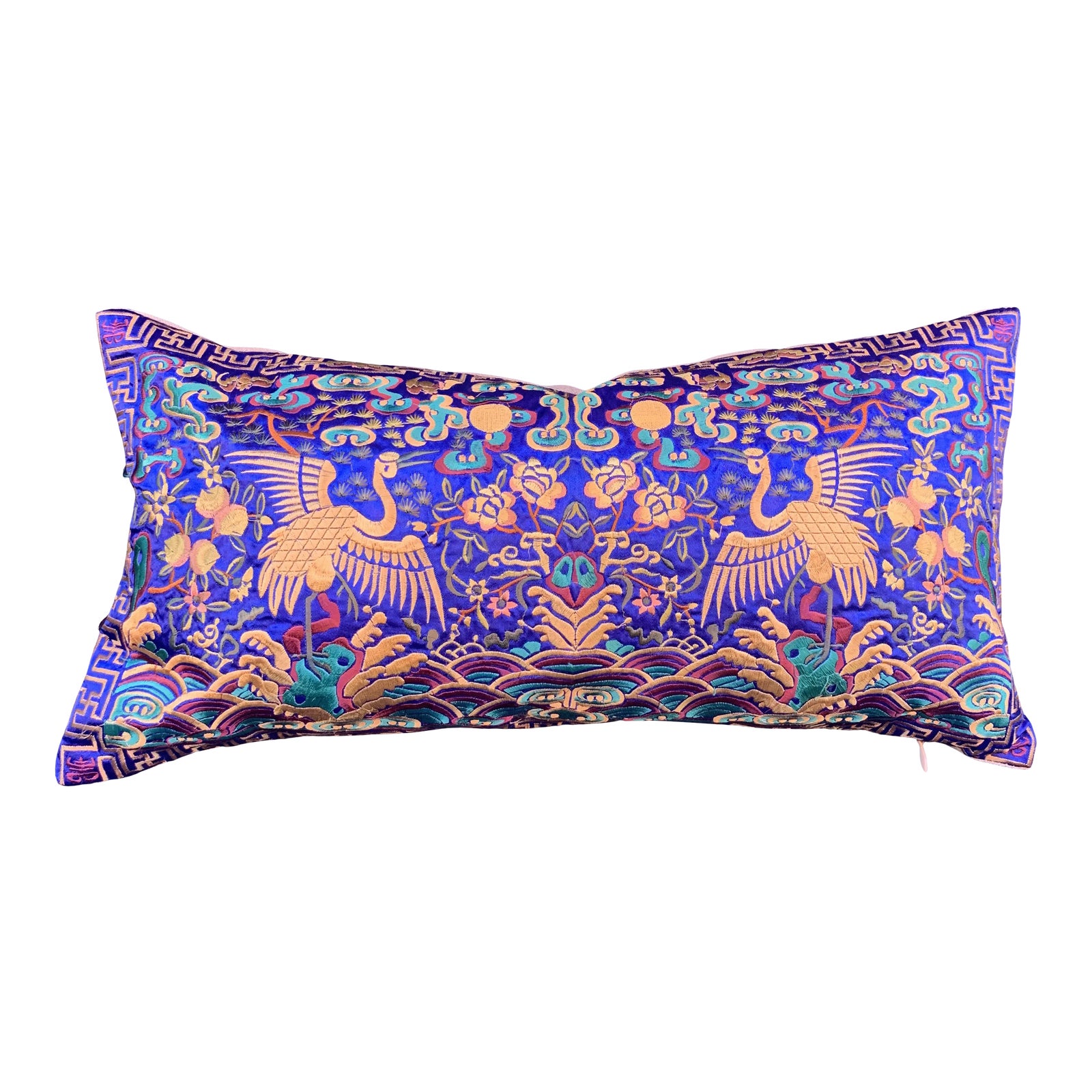 Hollywood Regency Royal Blue & Gold Silk Embroidered Cranes Chinoiserie