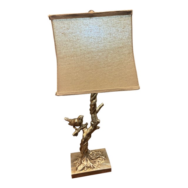 French Country Woodland Bird Table Lamp – Sculptural Branch Design With Fabric Shade For Sale