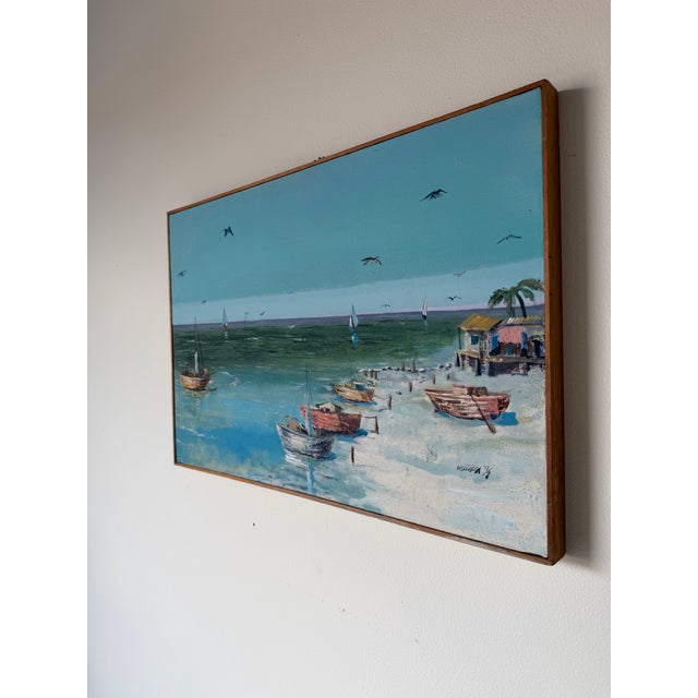 1977 Vintage Coastal Seascape Oil on Canvas Painting – Signed, Illegible For Sale - Image 4 of 12