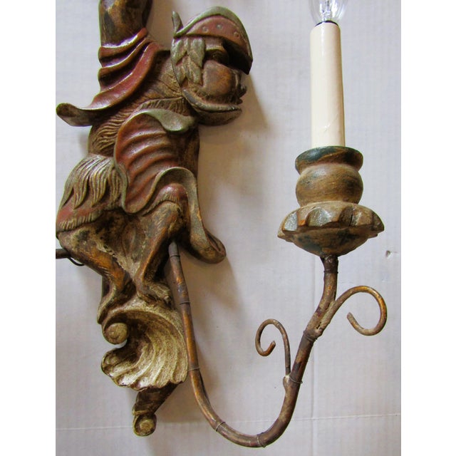 Opposing Pair of Polychrome Hand Carved Wood and Iron Monkey Wall Sconces C 1920 For Sale - Image 9 of 16