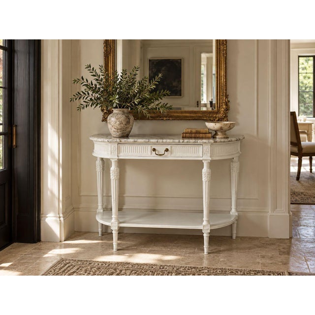 Louis XVI Style, Neoclassical Demilune Console Table, White Painted Wood, Marble, France, 1920s A fully refinished Louis...