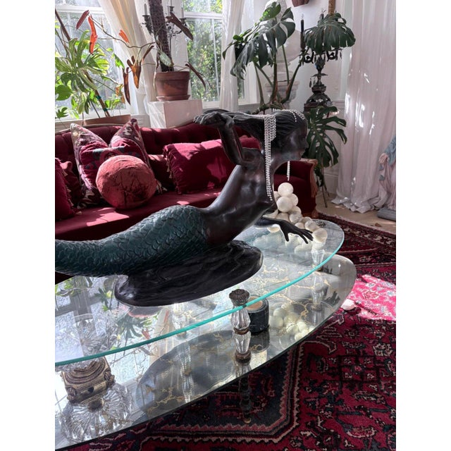 Late 20th Century Art Deco Style Mermaid Sculpture With Verdigris Bronze Finish, 40” For Sale - Image 4 of 9