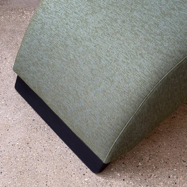 c. 1980s. Reupholstered in green jacquard fabric. Tagged. Has unique feet which are not on any other models online.