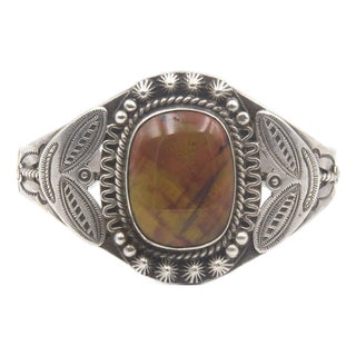 Vintage Southwestern Native American Style Petrified Wood Sterling Silver Cuff Bracelet For Sale