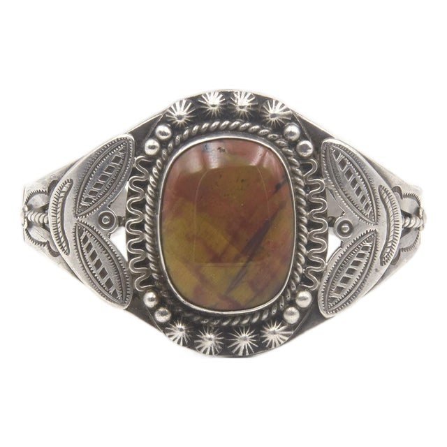 Vintage Southwestern Native American Style Petrified Wood Sterling Silver Cuff Bracelet For Sale