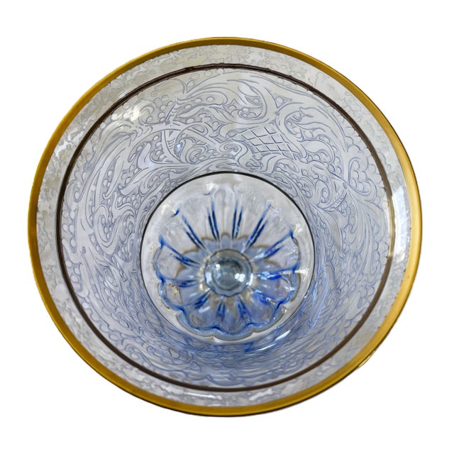 Grand Tour Pair of Hand-Blown Murano Etched Pale-Blue Gold-Stem Goblets For Sale - Image 3 of 6