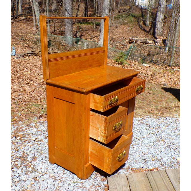 Antique Solid Oak Chest Commode Washstand W/ Towel Bar Country Farmhouse Cabinet For Sale - Image 12 of 18