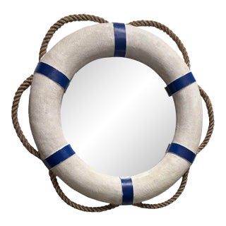 Nautical Life Preserver Mirror | Coastal Rope Wall Mirror | Beach House Décor | Blue & White Maritime Wall Art For Sale