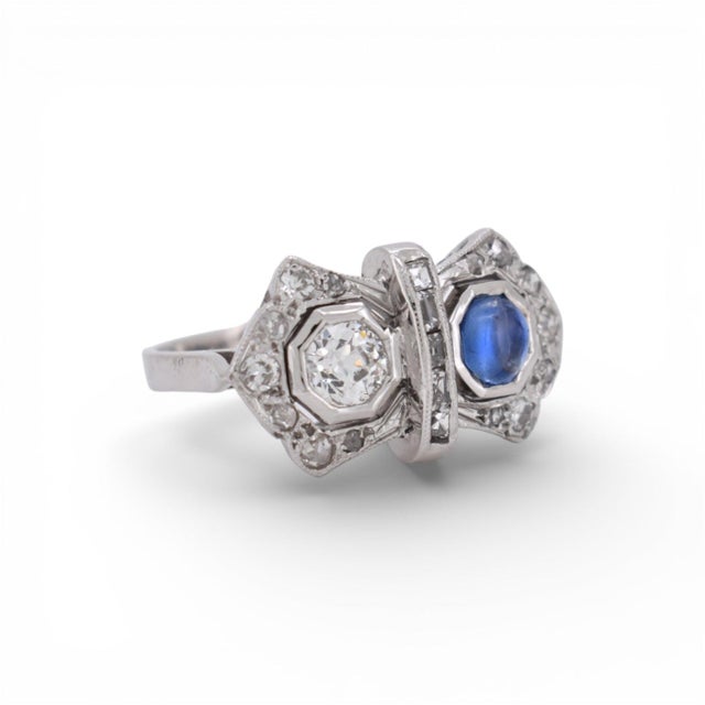 Art Deco 1920s French Art Deco "Toi Et Moi" Ring – Sapphire, Diamonds, Size 6.75 For Sale - Image 3 of 8