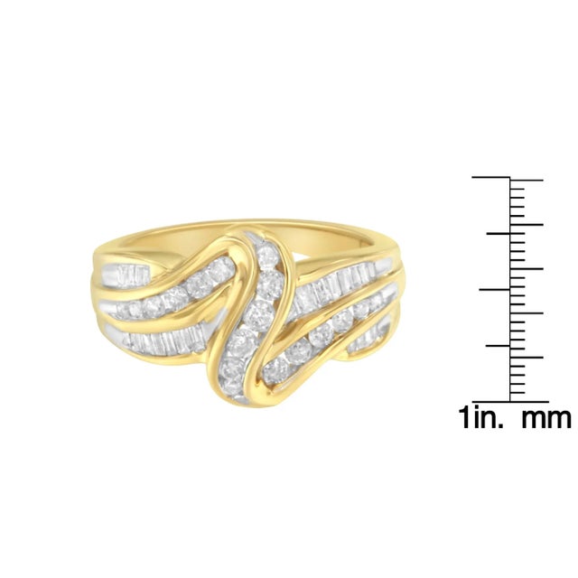 10K Yellow Gold 3/4 Cttw Channel Set Round and Baguette-cut Diamond Double Shank Bypass Ring (J-K Color, I1-I2 Clarity), Size 7 For Sale In New York - Image 6 of 8