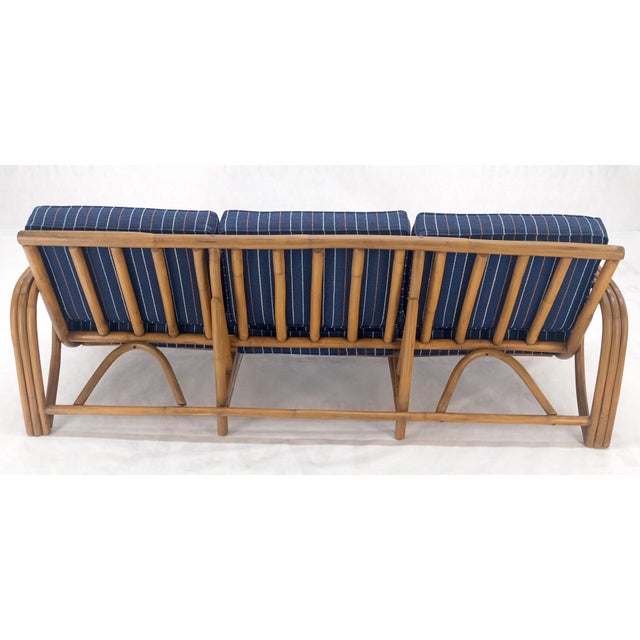 Wood 1970s Striped Blue Upholstery Bamboo Frame Mid Century Modern Sofa MINT! For Sale - Image 7 of 17