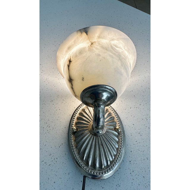 Pair Silver Nickel Alabaster Sunburst Wall Sconces For Sale - Image 9 of 18