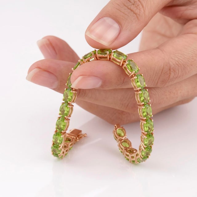Contemporary Natural Peridot Tennis Bracelet | Oval Cut Green Gemstone Bracelet | 18k Gold Plated Silver August Birthstone Bracelet For Sale - Image 3 of 4