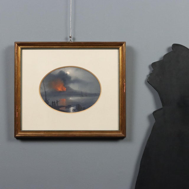 Gouache on cardboard. The view of the Bay of Naples at night, illuminated by the erupting Vesuvius volcano, is part of a...