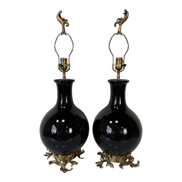 1980s Vintage Chapman Black Glazed Ceramic Table Lamps – A Pair For Sale
