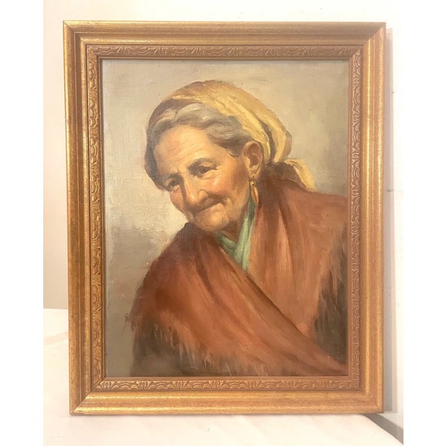 Realism Vintage Original Oil Painting Realism Elder Lady Woman Portrait on Board Framed For Sale - Image 3 of 10