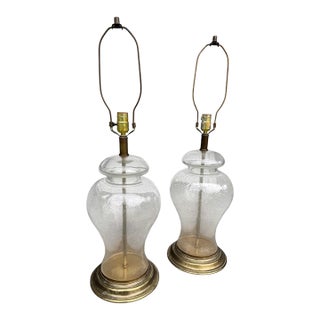 Vintage Ethan Allen Clear Glass Ginger Jar Lamps - Bubble Glass Peleguso - a Pair For Sale
