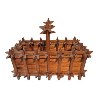 Antique Tramp Art Crown of Thorns Wooden Basket With Handle For Sale
