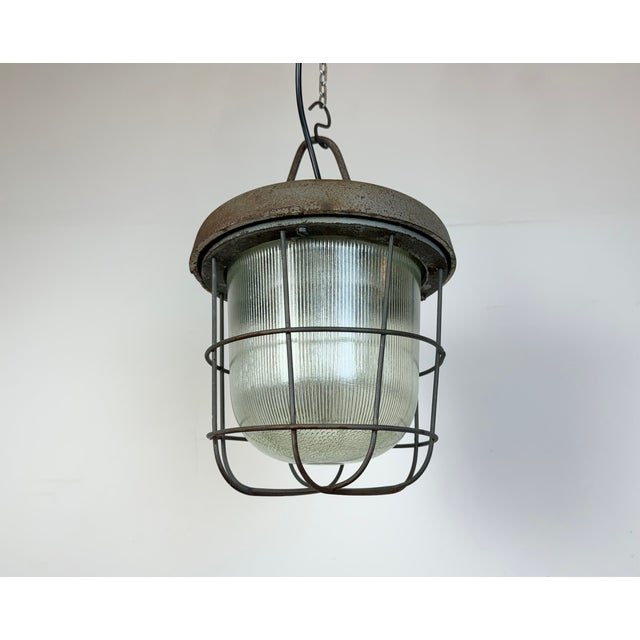 Industrial Cast Iron Cage Pendant Light from Polam, 1960s For Sale - Image 4 of 13