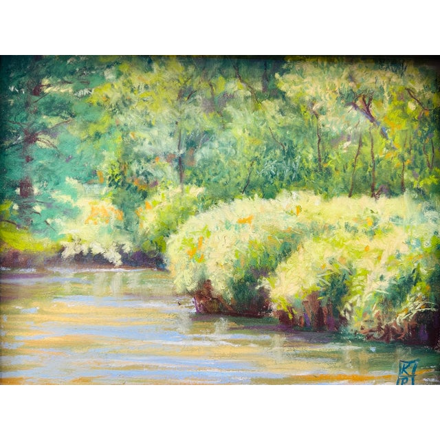 Monet Late 20th Century “Waving Grasses” – Signed Impressionist Landscape Oil Pastel Painting, Woodland Stream Scene, Custom Wood Frame For Sale - Image 4 of 6
