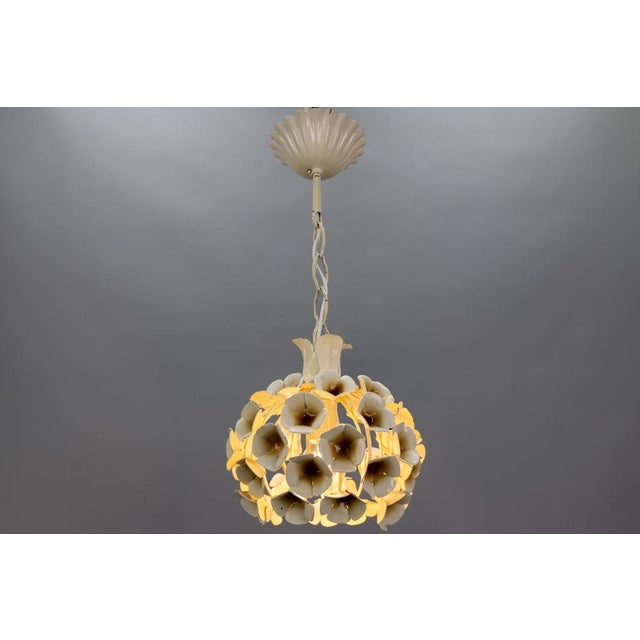 Hollywood Regency French White Flower Metal Pendant Light, 1960s For Sale - Image 4 of 15