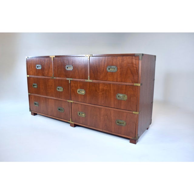 Campaign Baker Furniture Signed Campaign Seven Drawer Dresser Chest of Drawers 1950s For Sale - Image 3 of 13