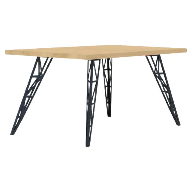 Medium Dining Table with Oak Tabletop & Lasered Steel Legs by Aljoscha Vogt for GUSTAV Möblierungen For Sale