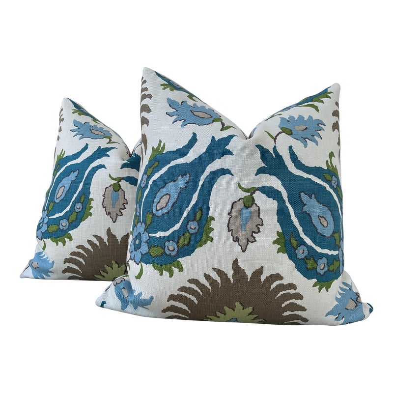Brunschwig And Fils "kashmiri" Blue, Teal, And Taupe In Pillows- A 22" Pair