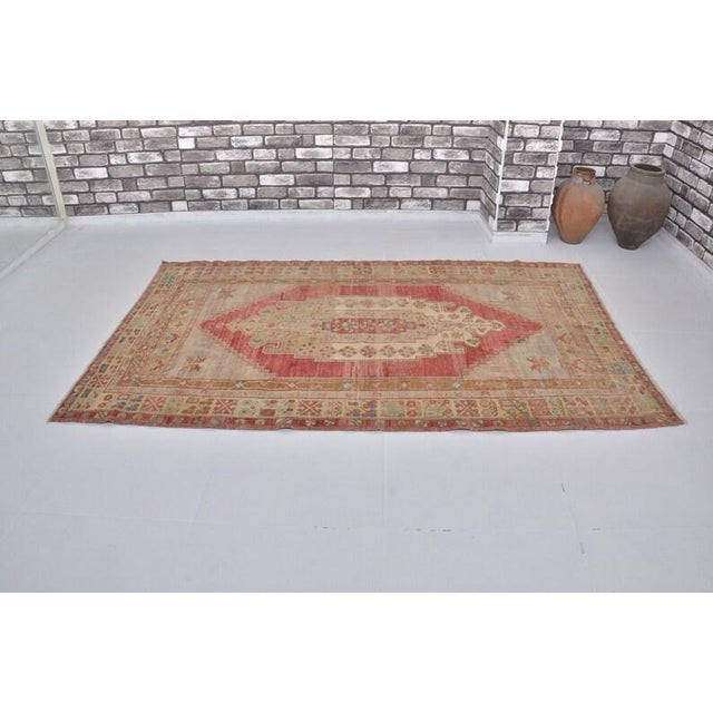 Vintage Distressed Turkish Oushak Rug in Crimson Red, Navy Blue & Soft Sage For Sale In Phoenix - Image 6 of 10