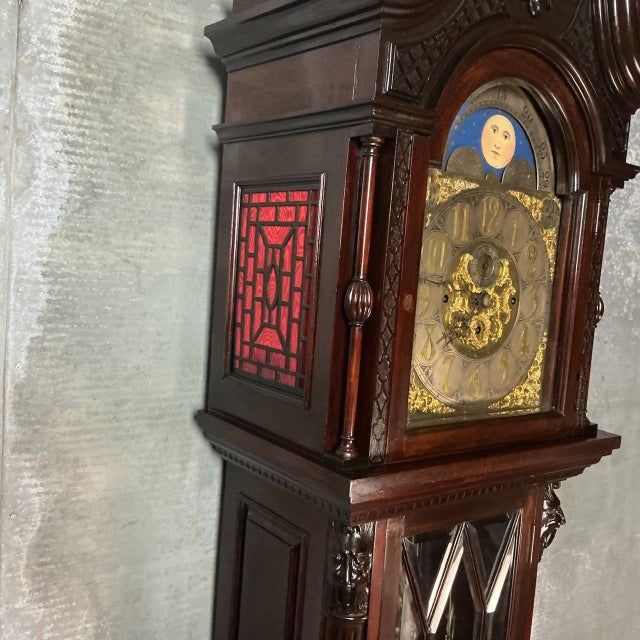 Wood Edwardian Mahogany Three Train Longcase Clock, 1905 For Sale - Image 7 of 9