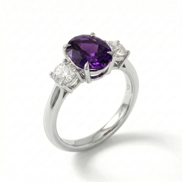 Contemporary Amethyst Engagement Wedding Ring, Trio Gemstone Amethyst Birthstone Ring Us 7 For Sale - Image 3 of 4