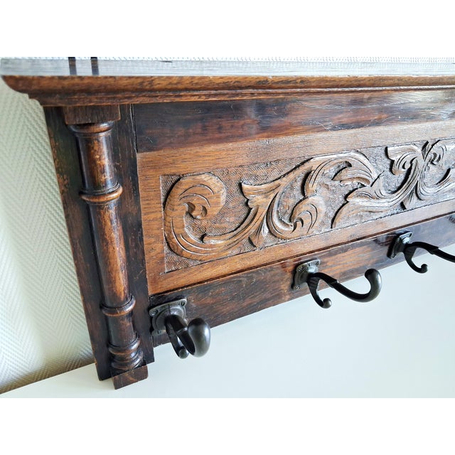 Early 20th Century Antique Carved Solid Wood Wall Coat Rack, European Folk Style, 5 Hook Hall Rack For Sale - Image 5 of 8