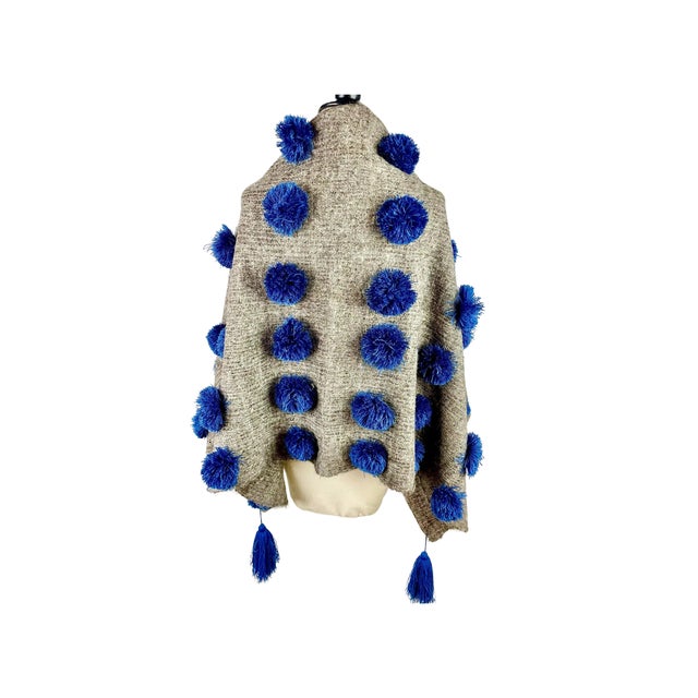 Early 21st Century Mexican Blue and Gray Wool Pompom Chamula Shawl Blanket For Sale - Image 5 of 10